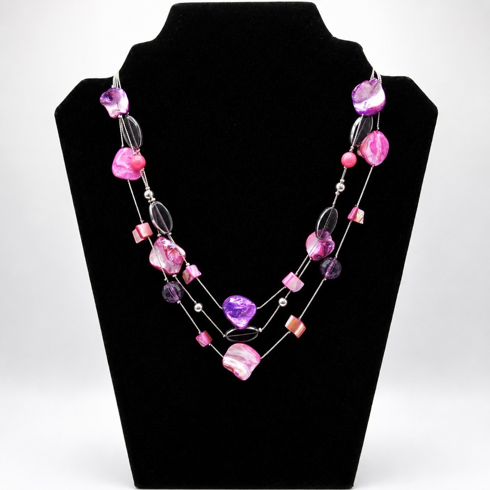 Mother of Pearl Necklace Pink Purple Multi Strand Silver Tone Statement 18"